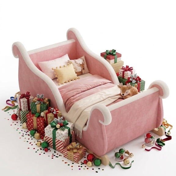 FICISOG Sleigh Toddler Bed, Low Profile Floor Bed for Toddlers, Santa's Sleigh Beds for Girls and Boys, Crib Size Upholstered Toddler Beds - Pink