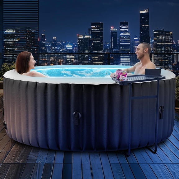 211 Gallon Inflatable Hot Tub 4 Person Round with LED Lights, Portable Outdoor AirJet Hot Tub Spa with 110 Bubble Jets, Filter, Insulated Tub Cover and Floor Protector, Temperature up to 104°F