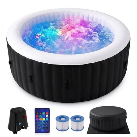 211 Gallon Inflatable Hot Tub 4 Person Round with LED Lights, Portable Outdoor AirJet Hot Tub Spa with 110 Bubble Jets, Filter, Insulated Tub Cover and Floor Protector, Temperature up to 104°F