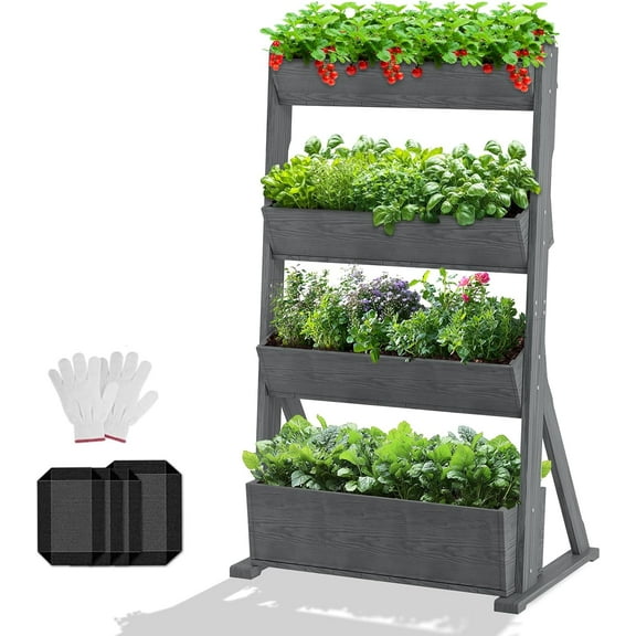 FICISOG Vertical Wooden Raised Garden Bed, 4 Tier Garden Planters Freestanding Wood Plant Stand Flower Rack Wooden Planter Box for Plants Herbs Flowers Vegetables Outdoor Indoor Gardening