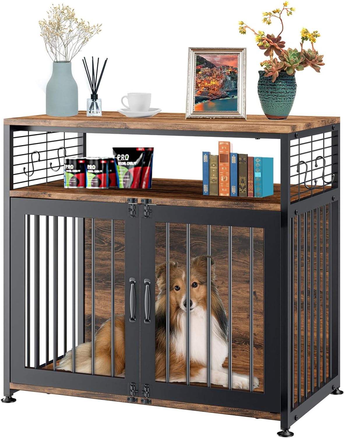 FICISOG Wooden Dog Crate Furniture, 33" Dog Crate for Medium/Small Dogs