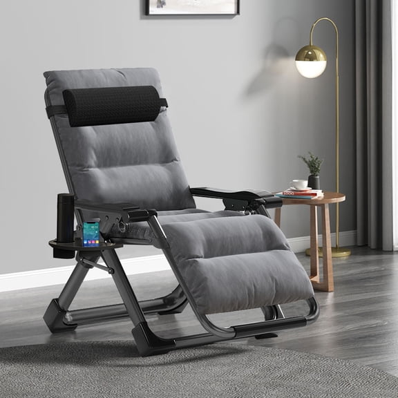 FICISOG Zero Gravity Chair, Folding Adjustable Lounge Chair with Removable Cushion, Headrest & Cup Holder, Supports 440lbs-Gray