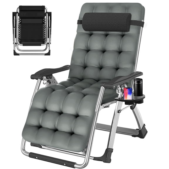 FICISOG Zero Gravity Chair, with Removable Cushion, Suitable For Indoor And Outdoor Use, with Cup Holder Folding Zero Gravity Chair, Dark grey pearl cotton pad