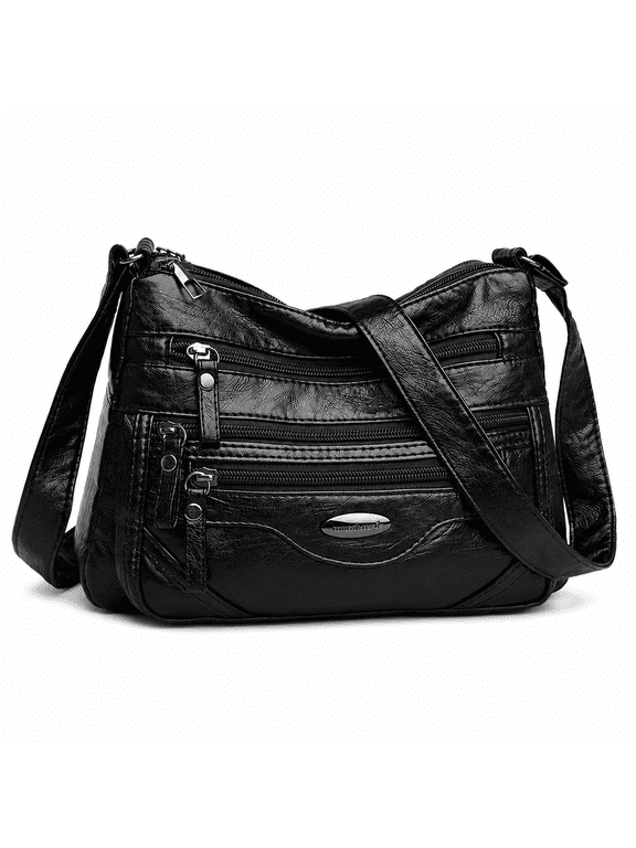 Women’s Crossbody Bag for Women, Multi Pocket Vegan Leather Shoulder Purse with Adjustable Strap, Lightweight Travel Messenger Handbag Black