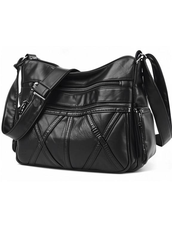 Women's Handbag, PU Leather Shoulder Bag for Women, Multi-Pocket Crossbody Purse, Black Pocketbook with Adjustable Strap