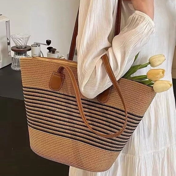 FIDAC Womens Straw Tote Bag Large Woven Beach Shoulder Handbag Summer Boho Purse with Leather Strap for Travel Shopping Vacation