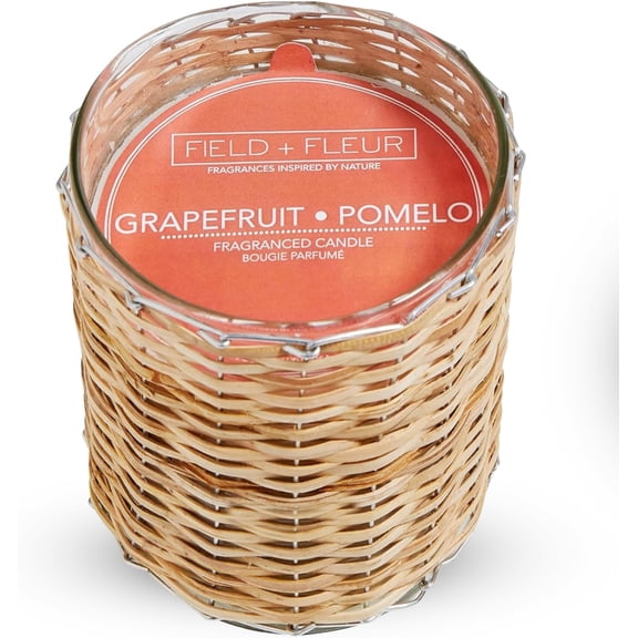FIELD FLEUR Grapefruit Pomelo Scented Candle – 12oz Luxury Soy Wax, 2-Wick in Handwoven Glass Jar, Sweet Grapefruit, Juicy Peach, Mint and Cassis Buds - 75+ Hour Clean Burn, Made in USA