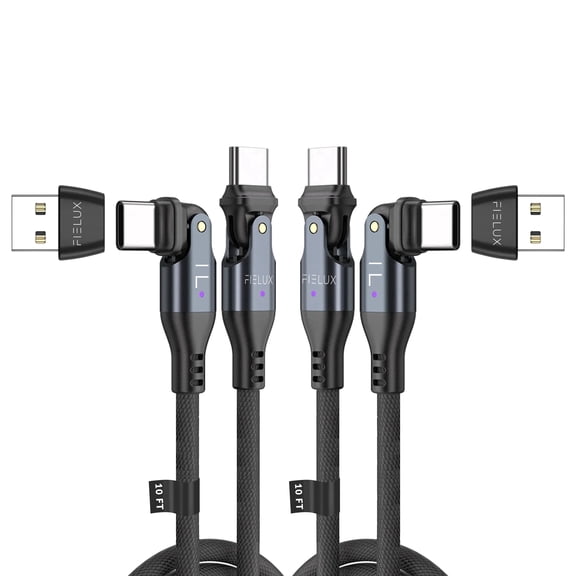 FIELUX 240W USB-C to USB-C 180° Rotating Charging Cable [2-Pack 10FT/10FT + USB A Adapter]