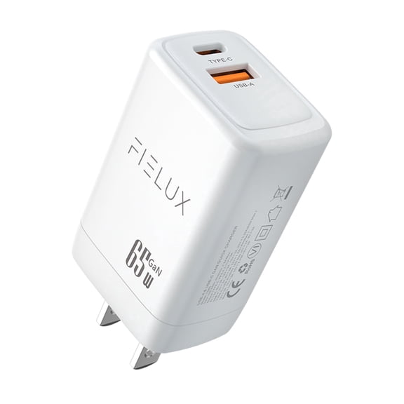 FIELUX 65W GaN Quick Charging Wall Adapter - Dual Port USB A & USB C Connectors