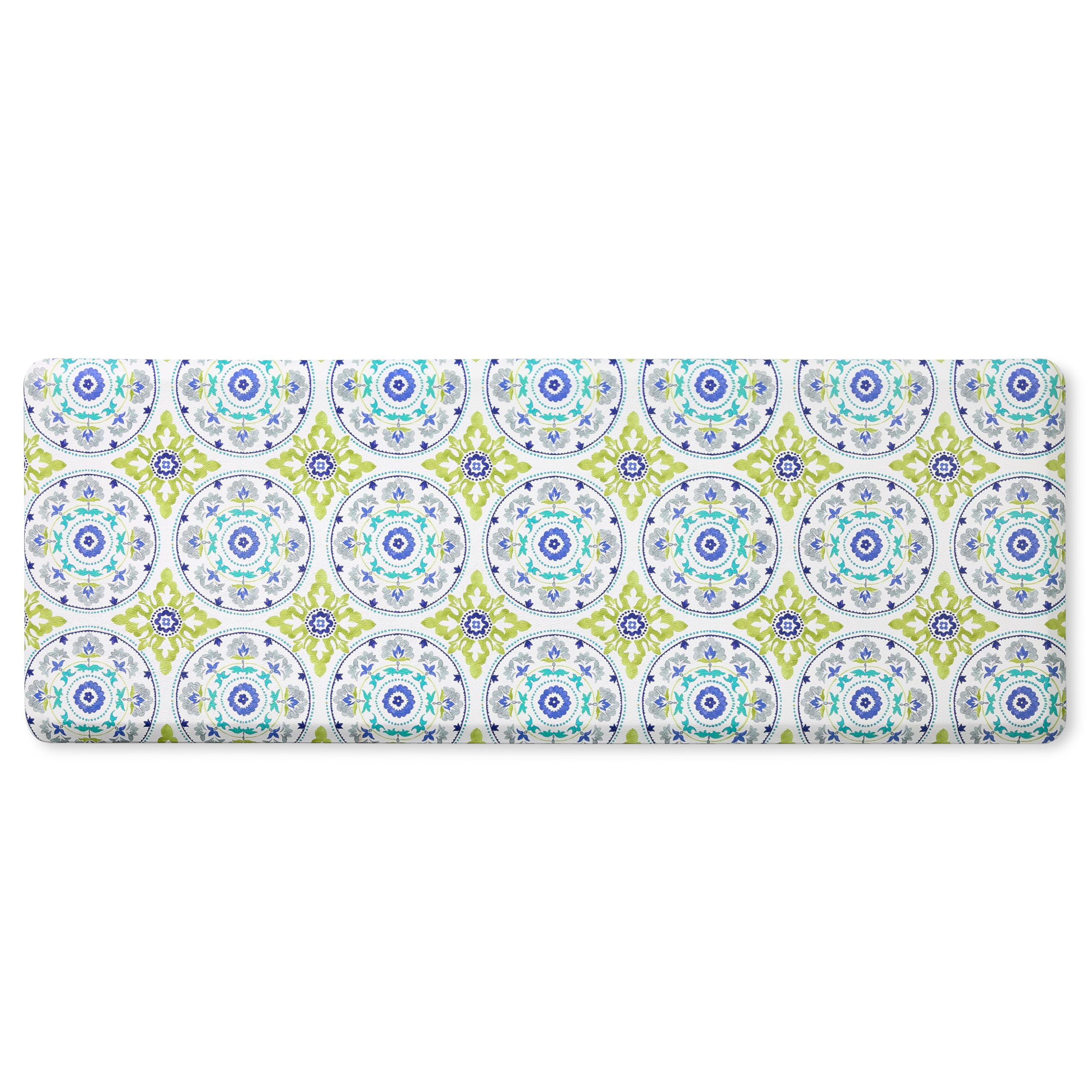 Blue Green White Geo Textured Anti-Fatigue Kitchen Runner Mat