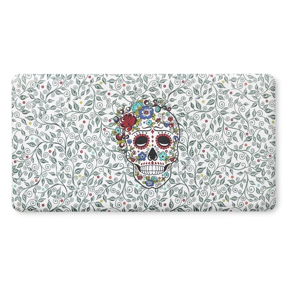 FIESTA Skull & Vine Floral Sugar Skull Anti-Fatigue Comfort Kitchen Mat, Non-Slip Floor Mat, Padded Standing Desk Mat, White/Red/Black, 20"x39"