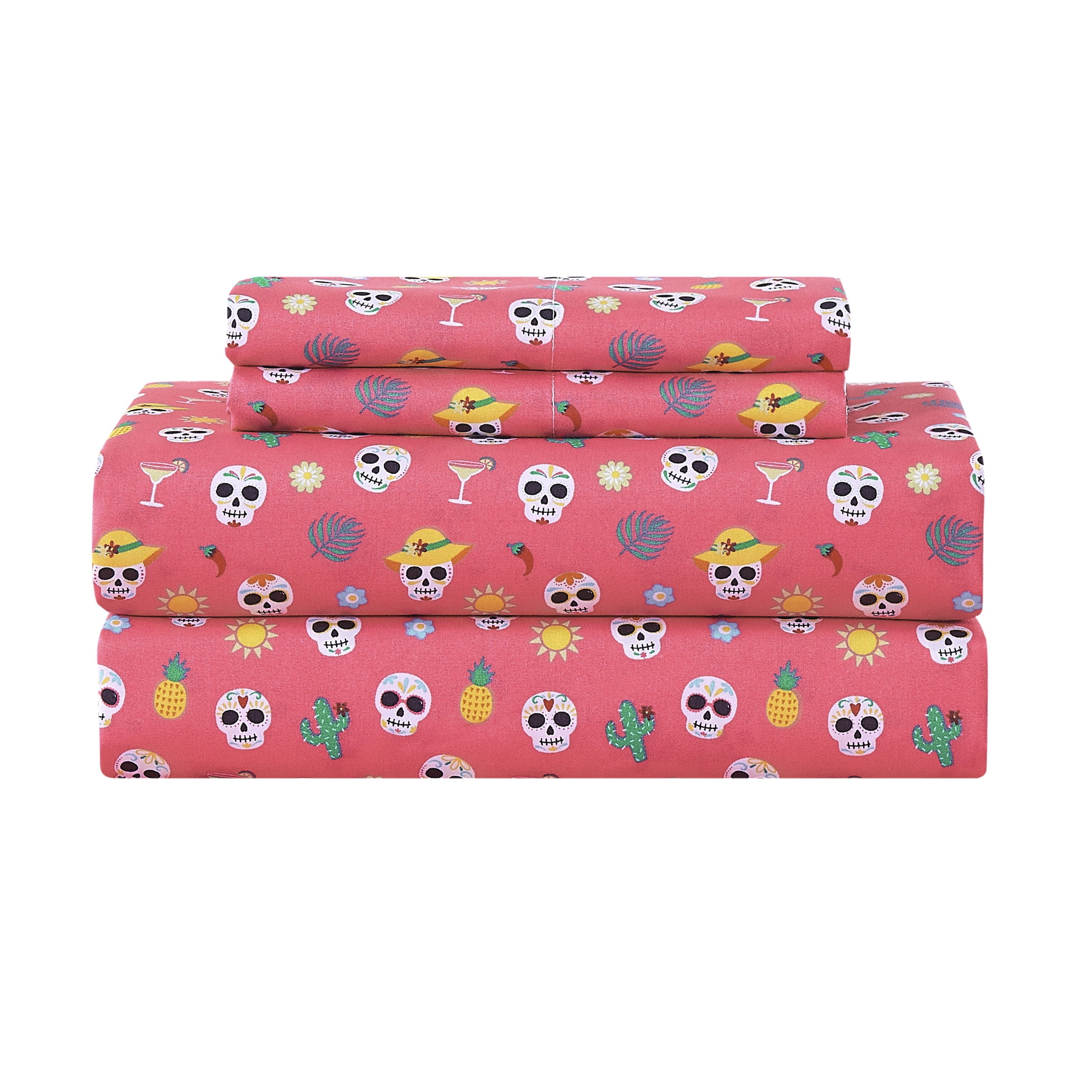 Summerween Soft Microfiber Sheet Set, Fiesta Skulls Pink, Queen