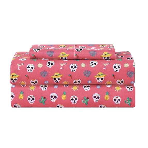 Summerween Crafted by Catherine Soft Microfiber Sheet Set, 3-Piece, Fiesta Skulls, Twin-XL