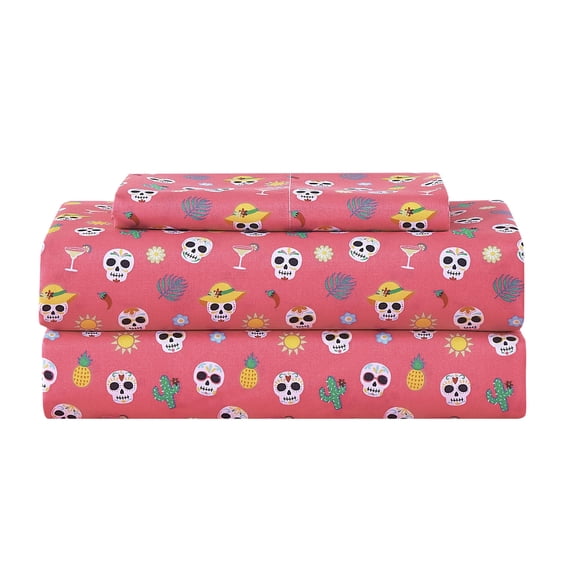 Summerween Soft Microfiber Sheet Set, Fiesta Skulls Pink, Twin-XL