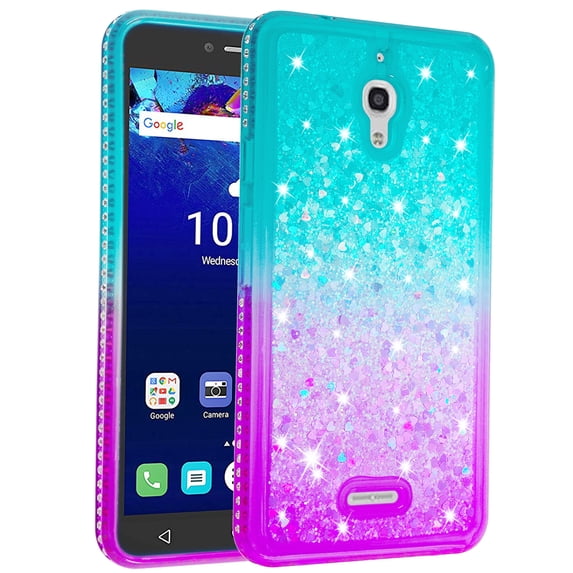FIEWESEY For Alcatel Pixi 4 Phone Case Glitter Case Gradient Quicksand Series TPU Bumper Cushion Reinforced Corners Protective Bling Liquid Girls Women Case for Alcatel Pixi 4 6 inch - Green+Purple