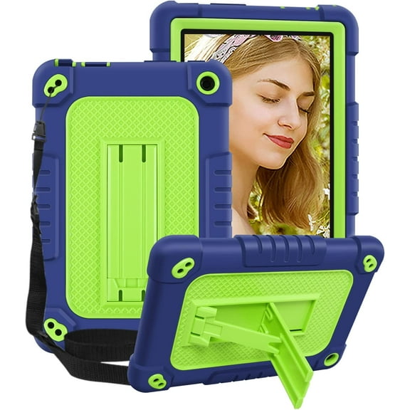 FIEWESEY for Amazon All-New Fire 7 Tablet (12th Generation,2022 Release) Case,Heavy-Duty Rugged Kickstand Shockproof Kids with Shoulder Strap Case for Fire 7 Tablet 2022 Release(Navy/Green)