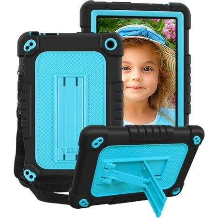 FIEWESEY for Amazon All-New Fire 7 Tablet (12th Generation,2022 Release) Case,Heavy-Duty Rugged Kickstand Shockproof Kids with Shoulder Strap Case for Fire 7 Tablet 2022 Release(Black/Blue)