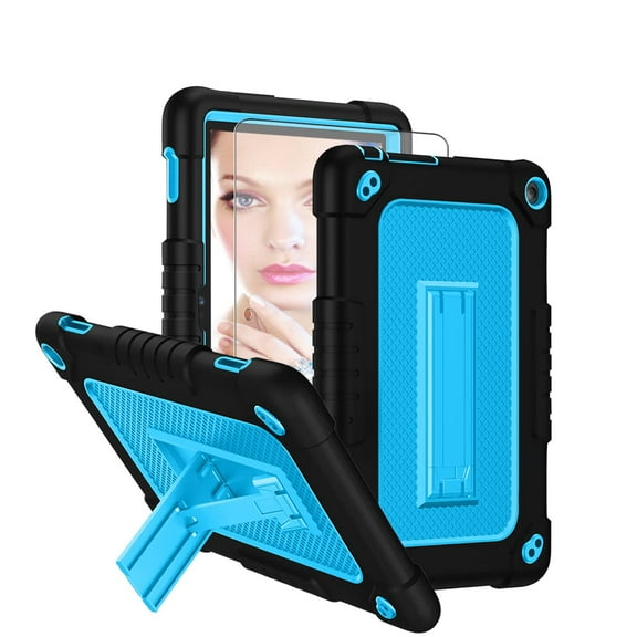 FIEWESEY for Amazon Fire HD 8 2022 Tablet Case,Shoulder Strap Soft Silicone&Hard Back Shockproof Kids Case for Amazon Fire HD 8/HD 8 Plus 2020/2022(10th/12th Gen)+Screen Protector(Black/Blue,1Pcs)