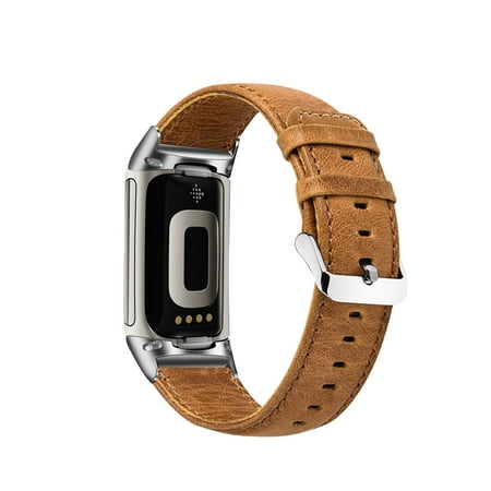 FIEWESEY Bands Compatible with Fitbit Charge 6/5, Genuine Leather Band Replacement Accessories Strap Wristband(Brown)