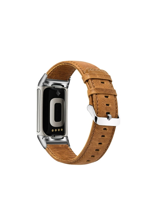 Bands Compatible with Fitbit Charge 6/5, Genuine Leather Band Replacement Accessories Strap Wristband(Brown)