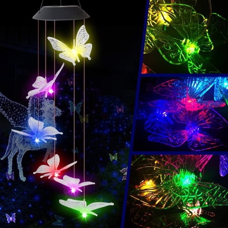 FIEWESEY Butterfly Wind Chimes Solar Wind Chimes Outdoor Color Changing Light Up Wind Chimes Solar Powered Memorial Wind Chimes Birthday Gifts Outdoor Decor,Yard Decorations (Transparent Butterfly)
