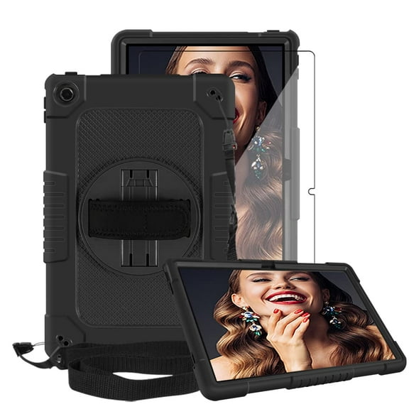 FIEWESEY Case for Lenovo Tab M10 Plus 3rd Gen 10.6 Inch,Shoulder Strap Hand Strap Rotatable Stand Kids Shockproof Cover for Lenovo Tab M10 Plus 3rd Gen 2022+Screen Protector(Black/Black,1 Pcs)