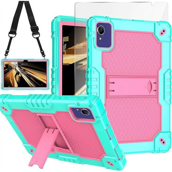 FIEWESEY Case for Pritom Tab 10 Lite Tablet/TECLAST P26T/TECLAST P25T/Wetap M10 10.1 inch Tablet Shockproof Firendly Case Built in Kickstand Shoulder Strap with screen protector (Green/Pink/1 PC)