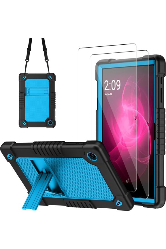 Case for T-Mobile REVVL Tab 2 10.1" Tablet Kids Friendly Soft Silicone Hard Back Shell With Stand Shoulder Strap For T-Mobile REVVL Tab 2 5G 2025 Model - BlackBlue+ 2Pcs Screen Protector