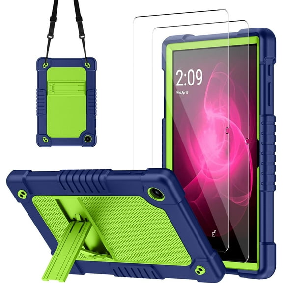 FIEWESEY Case for T-Mobile REVVL Tab 2 10.1" Tablet Kids Friendly Soft Silicone Hard Back Shell With Stand Shoulder Strap For T-Mobile REVVL Tab 2 5G 2025 Model - NavyGreen+ 2Pcs Screen Protector