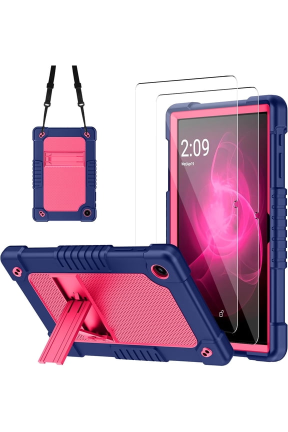 Case for T-Mobile REVVL Tab 2 10.1" Tablet Kids Friendly Soft Silicone Hard Back Shell With Stand Shoulder Strap For T-Mobile REVVL Tab 2 5G 2025 Model - NavyPink+ 2Pcs Screen Protector