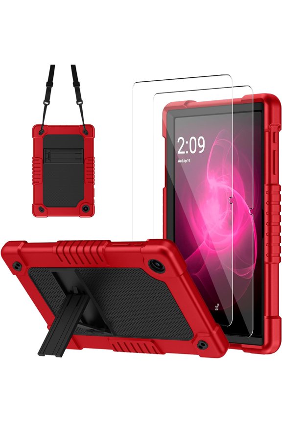 Case for T-Mobile REVVL Tab 2 10.1" Tablet Kids Friendly Soft Silicone Hard Back Shell With Stand Shoulder Strap For T-Mobile REVVL Tab 2 5G 2025 Model - RedBlack+ 2Pcs Screen Protector