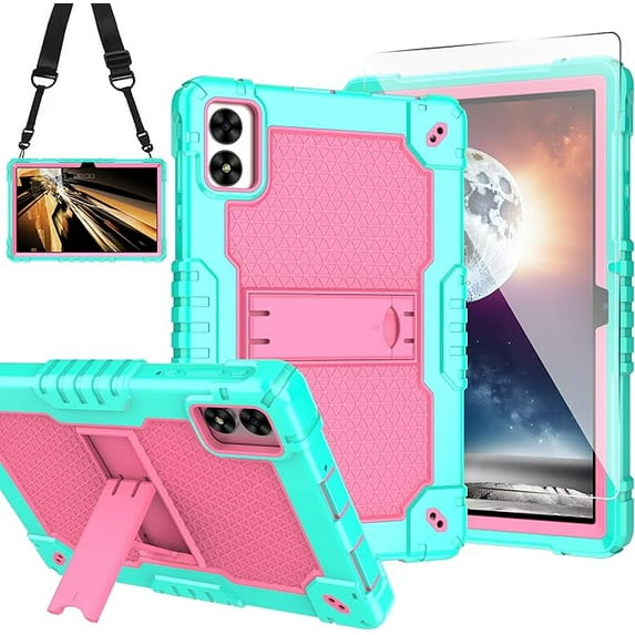 FIEWESEY Case for VORTEX BTAB10/CMG10110.1 inch Tablet Hybrid Shockproof Case Built in Kickstand Shoulder Strap with screen protectror for VORTEX BTAB 10/CMG10110.1 inch Tablet (Green/Pink/1 PC)