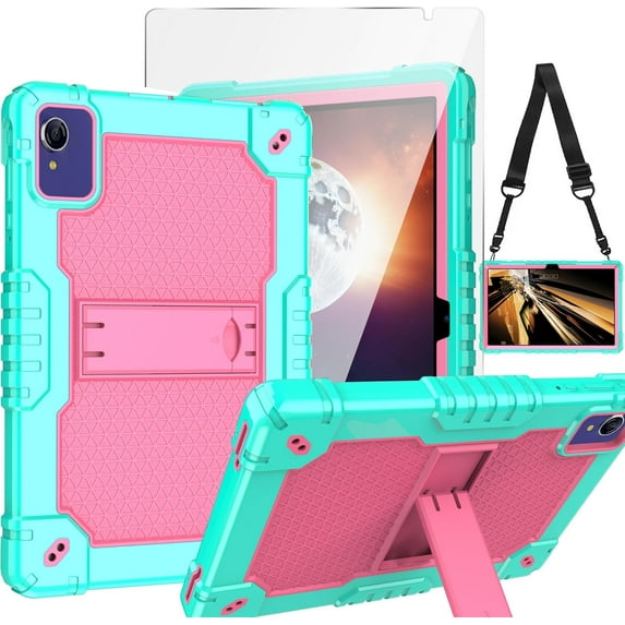 FIEWESEY Case for VORTEX T10/ T10M 10.1 inch Tablet Hybrid Shockproof Case Built in Kickstand Shoulder Strap with screen protector for VORTEX T10/ T10M 10.1 inch Tablet (Green/Pink/1 PC)