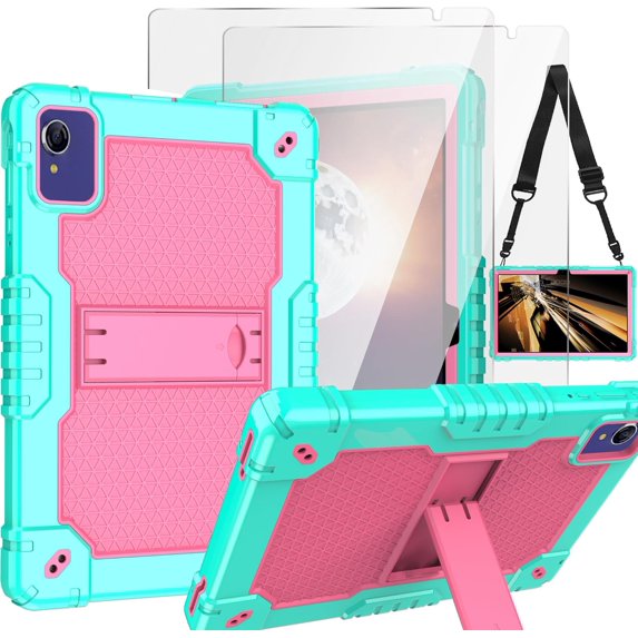 FIEWESEY Case for VORTEX T10/ T10M 10.1 inch Tablet Hybrid Shockproof Case Built in Kickstand Shoulder Strap with screen protector for VORTEX T10/ T10M 10.1 inch Tablet (Green/Pink/2 PCS)