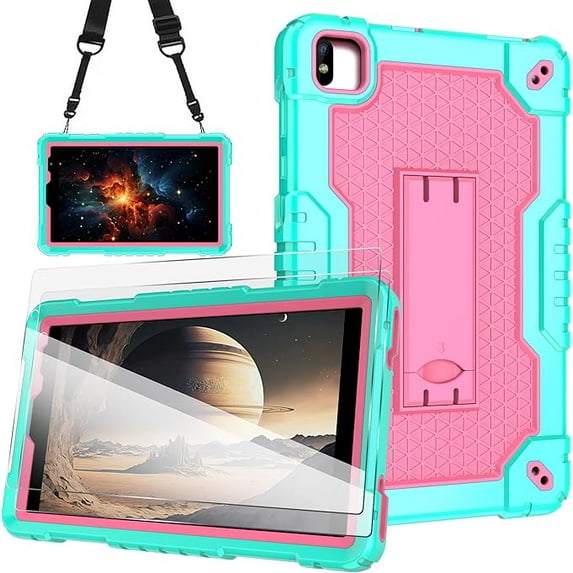 FIEWESEY Case for DIALN X8 Ultra Tablet 8 Inch/Maxsip Telecom X8 Ultra Case Hybrid Shockproof Case Built in Kickstand Shoulder strap with screen protector (Green/Pink/2 PCS)
