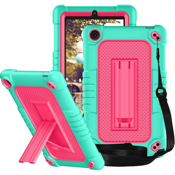 FIEWESEY Case for Walmart ONN 7 Inch Gen 3 2022 Tablet(Model:100071481),Shockproof Kids Friendly Rugged Case with Shoulder Strap & Stand Cover for Walmart Onn 7 Inch 3nd Gen 2022 Tablet(Green/Pink)