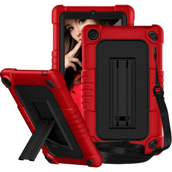 FIEWESEY for Walmart ONN 7 Inch Gen 3 2022 Tablet Case(Model:100071481),Shockproof Kids Friendly Rugged Case with Shoulder Strap&Stand Cover for Walmart Onn 7 Inch 3nd Gen 2022 Tablet(Red/Black)