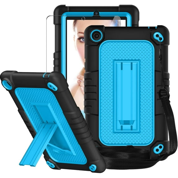 FIEWESEY Case for Walmart Onn 7 Inch Gen 3 2022 Tablet(Model:100071481),Shockproof Kids Rugged Case with Shoulder Strap&Stand Cover for Walmart Onn 7 Gen 3 2022+Screen Protector(Black/Blue,1 Pcs)