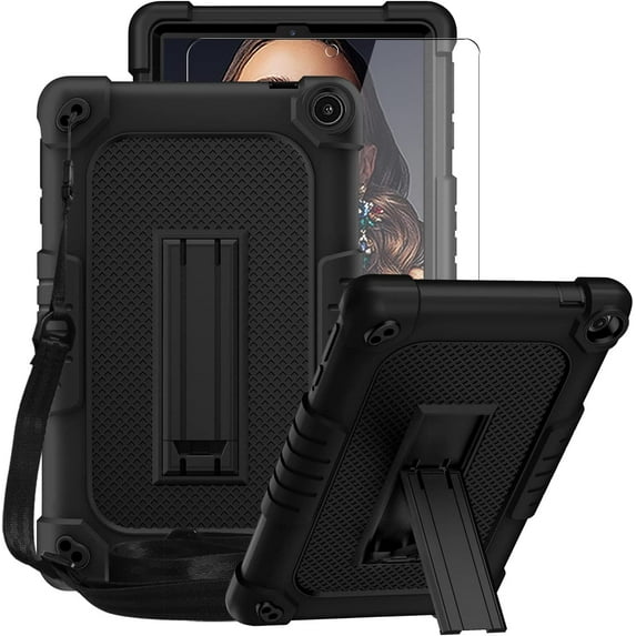 FIEWESEY Case for Walmart Onn 8 Inch Gen 3 2022 Tablet(Model:100071483),Shockproof Kids Rugged Case with Shoulder Strap&Stand Cover for Walmart Onn 8 Gen 3 2022+Screen Protector(Black/Black,1 Pcs)