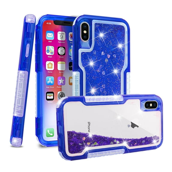 FIEWESEY Case for iPhone XS MAX,3 in1 Layers Hybrid Liquid Heart Shaped Glitter Flowing Quicksand case Clear Soft Shockproof TPU Slim Protective Cover for iPhone XS MAX(Blue)