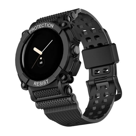 FIEWESEY Compatible with Google Pixel Watch/Pixel Watch 2 Band with Bumper Case, TPU Sports Pixel Watch Strap Replacement with Rugged Shockproof Protective Case for Men Women (Black)