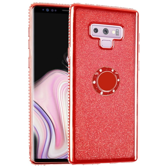 FIEWESEY Compatible with Samsung Galaxy Note 9 Case,Cute Girly Glitter Diamond Rhinestone Bumper with Ring Kickstand Pink TPU Protective Cover Case for Samsung Galaxy Note 9 Bling - Red