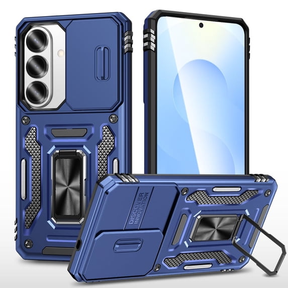 FIEWESEY Compatible with Samsung Galaxy S26 Plus Case Built in Slide Camera Lens Cover Finger Ring Holder Kickstand,Heavy Duty Shockproof Full Body Phone Cover For Samsung Galaxy S26 Plus 2026,Blue