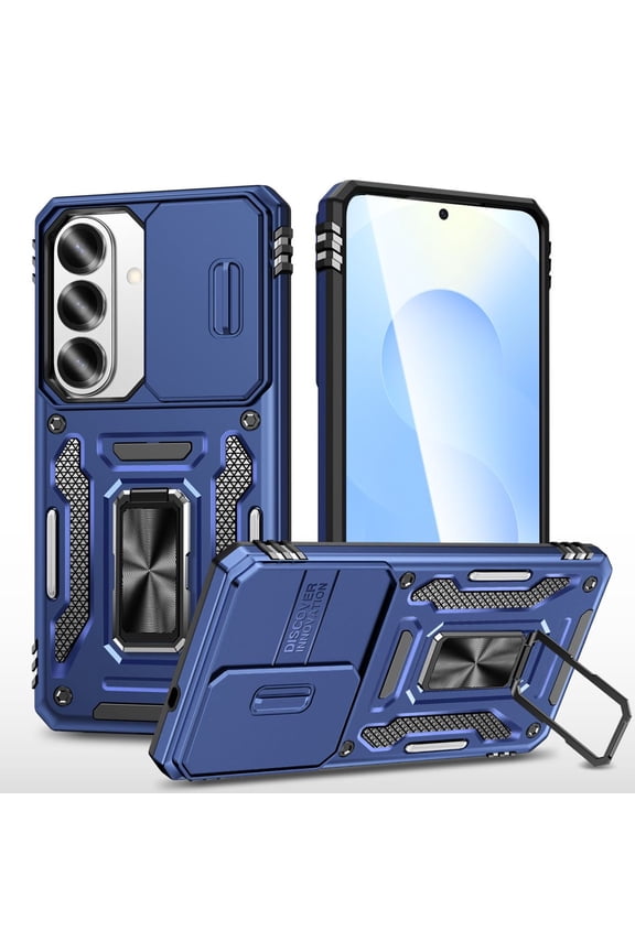 Compatible with Samsung Galaxy S26 Plus Case Built in Slide Camera Lens Cover Finger Ring Holder Kickstand,Heavy Duty Shockproof Full Body Phone Cover For Samsung Galaxy S26 Plus 2026,Blue