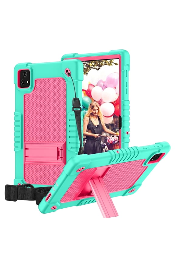 Compatible With T-Mobile Revvl Tab 5G 2023 10.36 inch Hybrid Shockproof Protective Kids Firendly Case Hard Shell Built in Kickstand Shoulder Strap for Revvl Tab 5G 2023 - Green+Pink