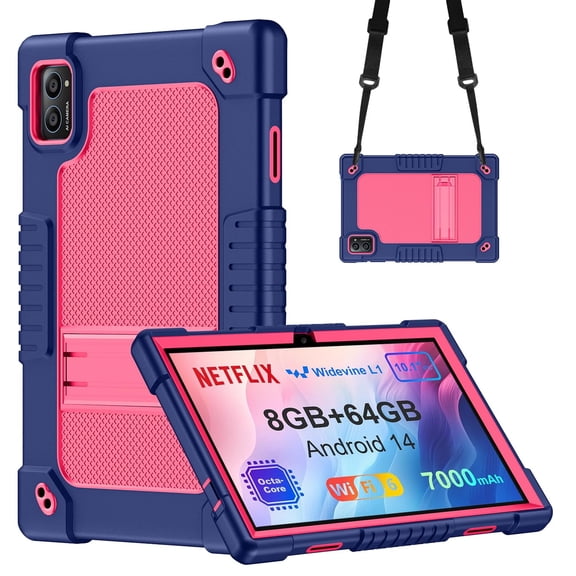 FIEWESEY For TabneraX Model UTbook/Winsing T30W 10 inch Tablet Case Kids Friendly Silicone Stand Adjustable Shoulder Strap For LECTRUS JUNYANG 10 .1 Model T30W / AWOW UTBook_14 10 inch(NavyPink)