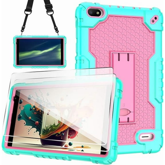FIEWESEY Cover Case for Sunshine T1 Elite/Foxx T8/Qlink Scepter 8/Sky Pad 8/NUU Tab 8/Sky Devices Elite OctaX/Sky Devices Elite T8 Plus/Xmobile X8/Sky Devices with screen protector (Green/Pink/2 PCS)