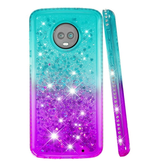 FIEWESEY For Motorola G6 Plus Case Moto G6 Forge Glitter Case Sparkle Glitter Flowing Liquid Quicksand with Shiny Bling Diamond Women Girls Cute Case For Motorola G6 Play / G6 Plus - Green+Purple