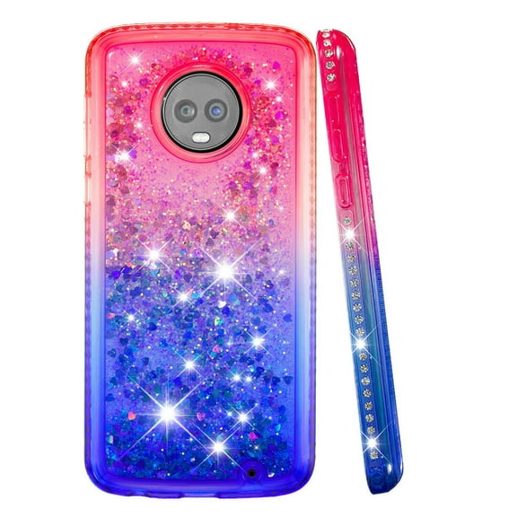 FIEWESEY For Motorola G6 Plus Case Moto G6 Forge Glitter Case Sparkle Glitter Flowing Liquid Quicksand with Shiny Bling Diamond Women Girls Cute Case For Motorola G6 Play / G6 Plus - Pink+Blue
