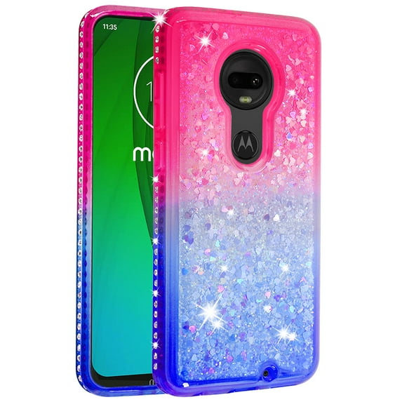 FIEWESEY For Motorola G7 Phone Case Moto G7 Plus Glitter Case Sparkle Glitter Flowing Liquid Quicksand with Shiny Bling Diamond Women Girls Cute Case For Motorola G7 / Moto G7 Plus - Pink+Blue